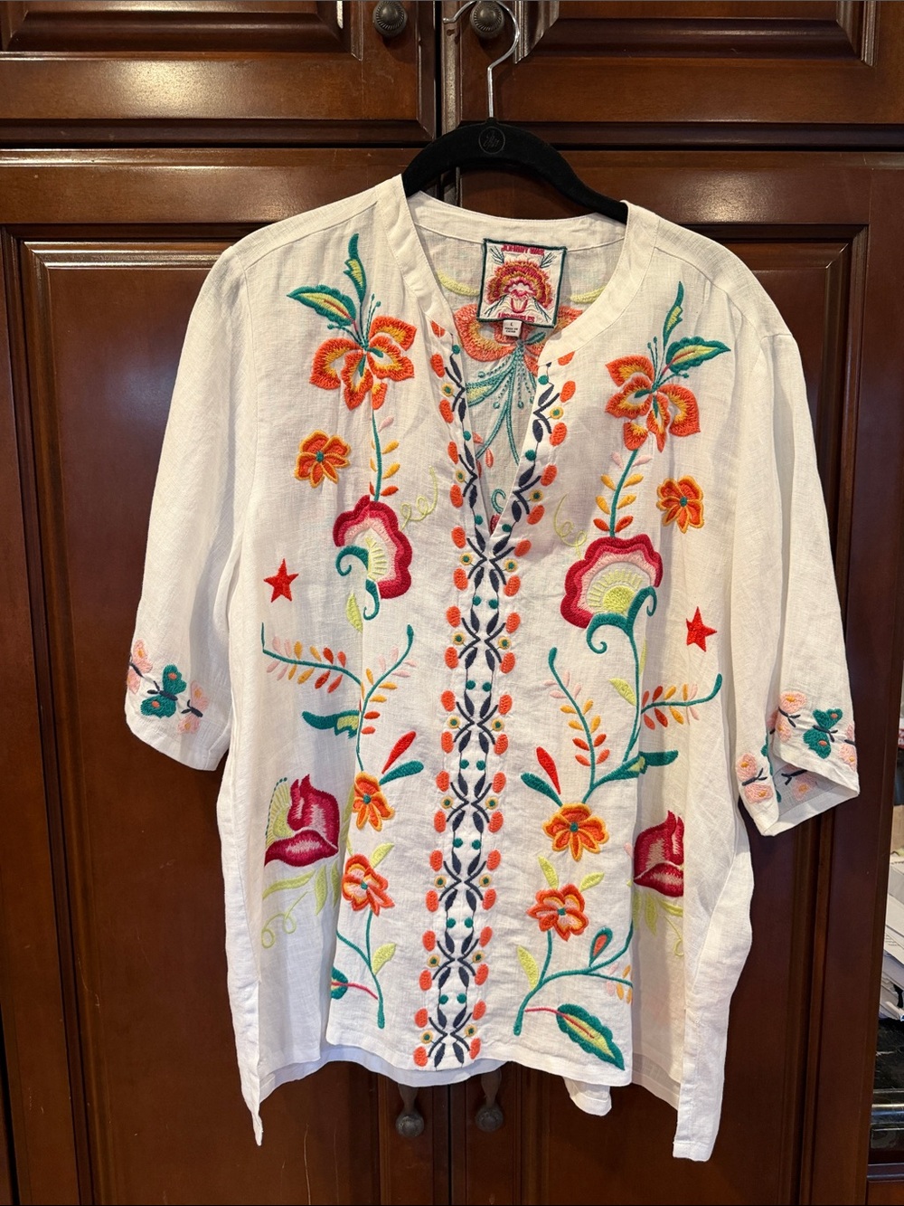 Johnny Was White Tunic with Pink, Orange and Teal Floral Embroidery